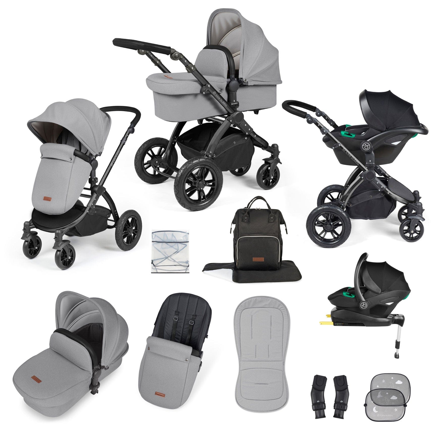 Ickle Bubba travel systems Ickle Bubba Stomp Luxe All-in-One Travel System with Isofix Base - Black/Pearl Grey/Black 10-011-300-210