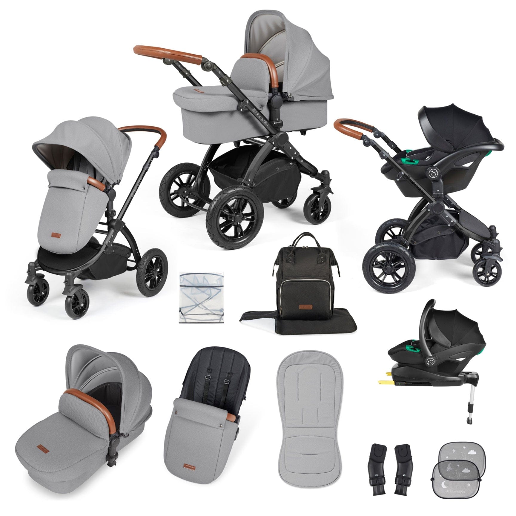 Ickle Bubba travel systems Ickle Bubba Stomp Luxe All-in-One Travel System with Isofix Base - Black/Pearl Grey/Tan 10-011-300-211