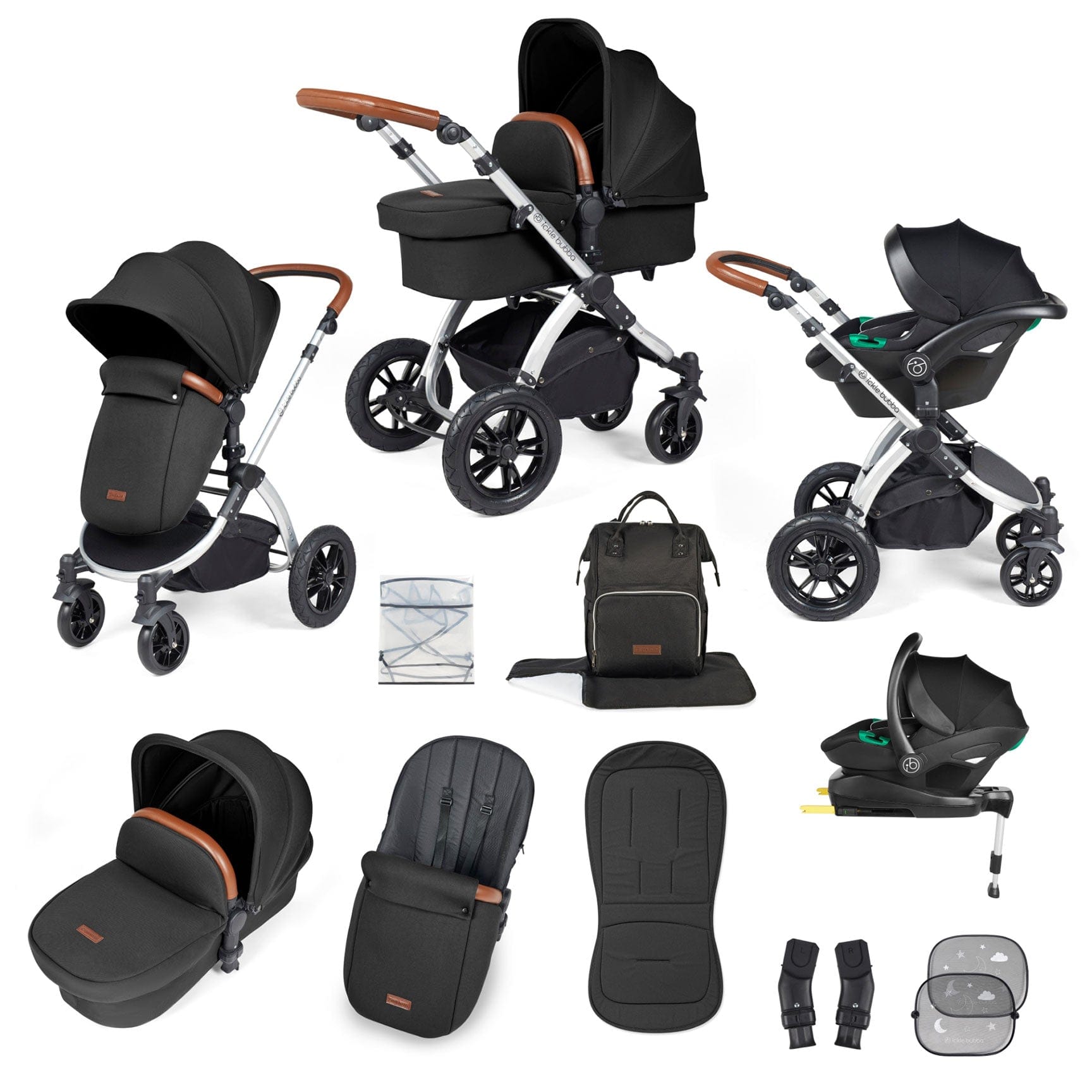 Ickle Bubba travel systems Ickle Bubba Stomp Luxe All-in-One Travel System with Isofix Base - Silver/Midnight/Tan 10-011-300-250