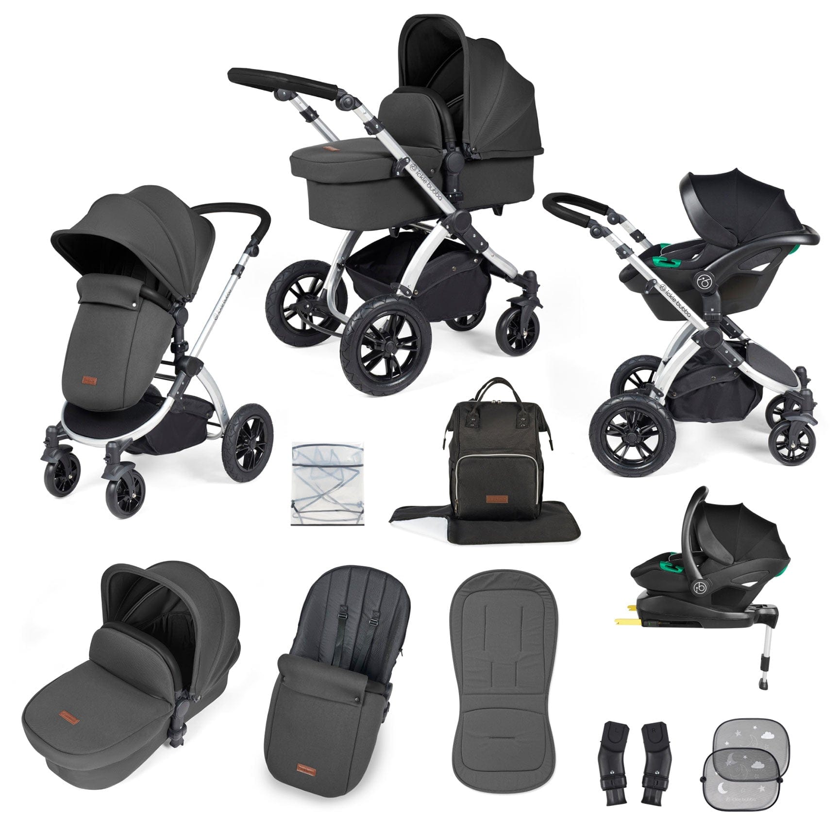 Ickle Bubba travel systems Ickle Bubba Stomp Luxe All-in-One Travel System with Isofix Base - Silver/Charcoal Grey/Black 10-011-300-254