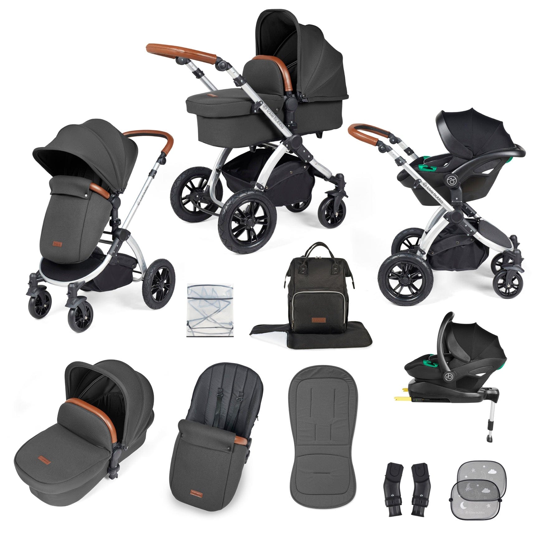 Ickle Bubba travel systems Ickle Bubba Stomp Luxe All-in-One Travel System with Isofix Base - Silver/Charcoal Grey/Tan 10-011-300-255