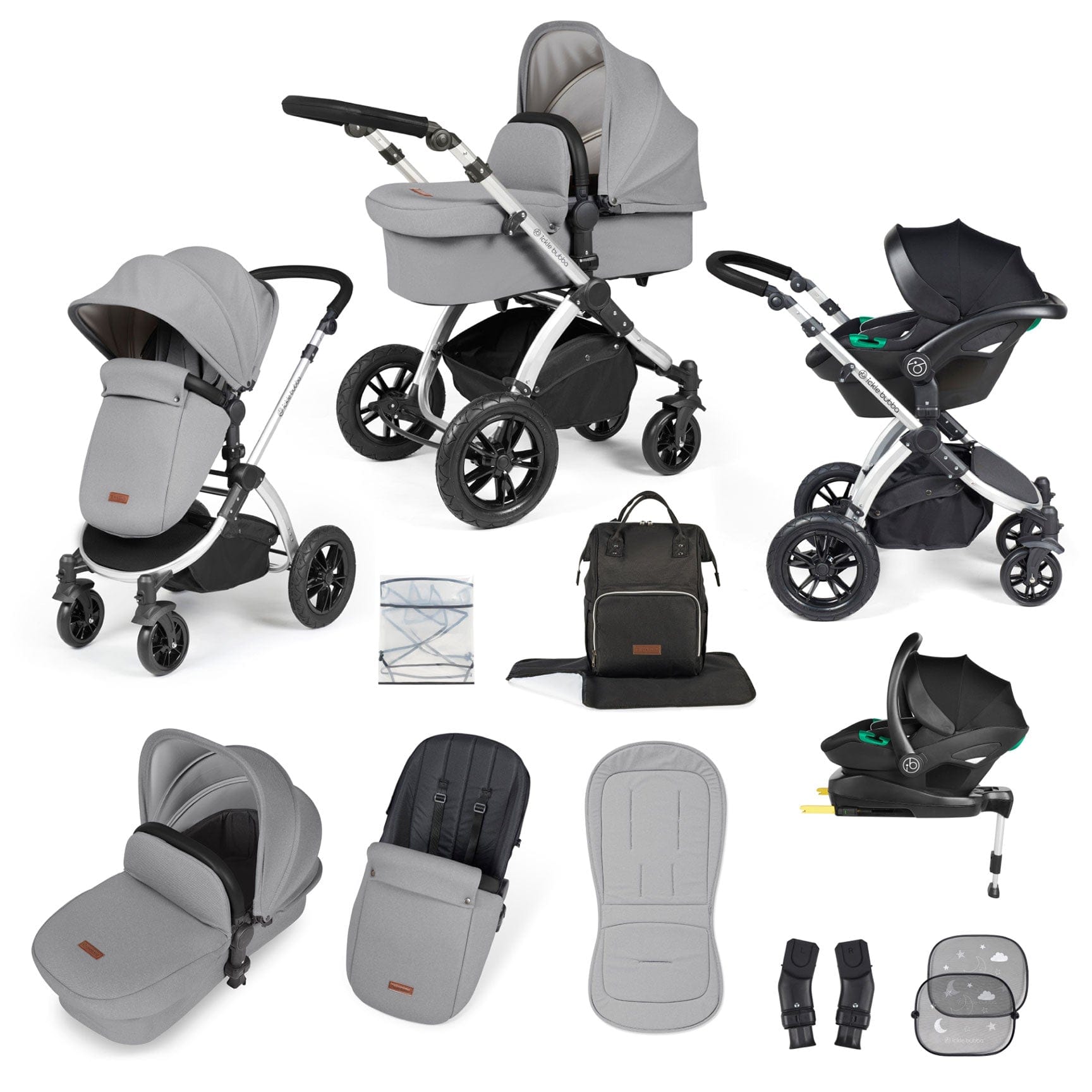 Ickle Bubba travel systems Ickle Bubba Stomp Luxe All-in-One Travel System with Isofix Base - Silver/Pearl Grey/Black 10-011-300-259