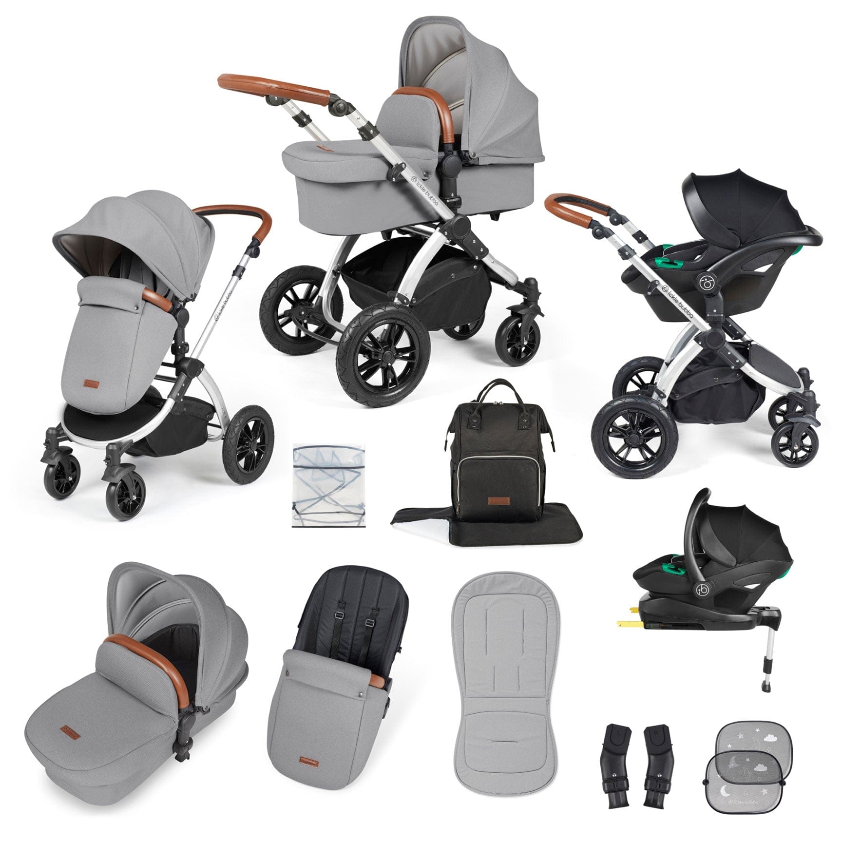 Ickle Bubba travel systems Ickle Bubba Stomp Luxe All-in-One Travel System with Isofix Base - Silver/Pearl Grey/Tan 10-011-300-260